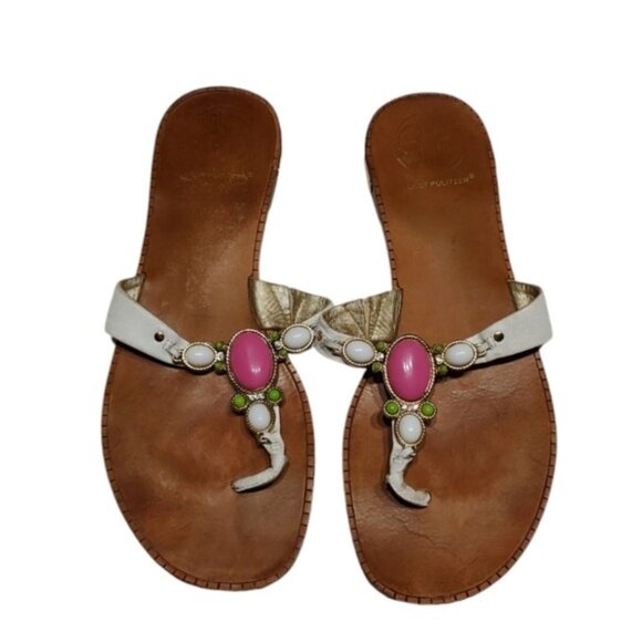 Lilly Pulitzer Embellished White Leather Thong Sandals Flip-Flops 8.5M - Picture 1 of 10